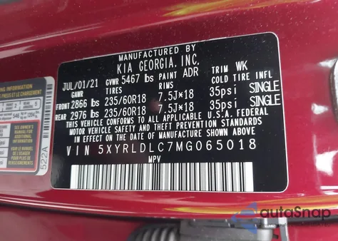 2021 Kia Sorento S z USA, uszkodzony, nr VIN 5XYRLDLC7MG065018